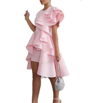 2019 New Elegant Pink Cute Out Ruffles Cocktail Party Wear Dress For Women